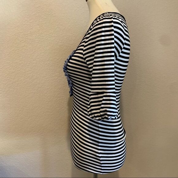 Anthropologie Little Yellow Button Striped Mixed Media Top S Plaid Puff Sleeve - Picture 3 of 8